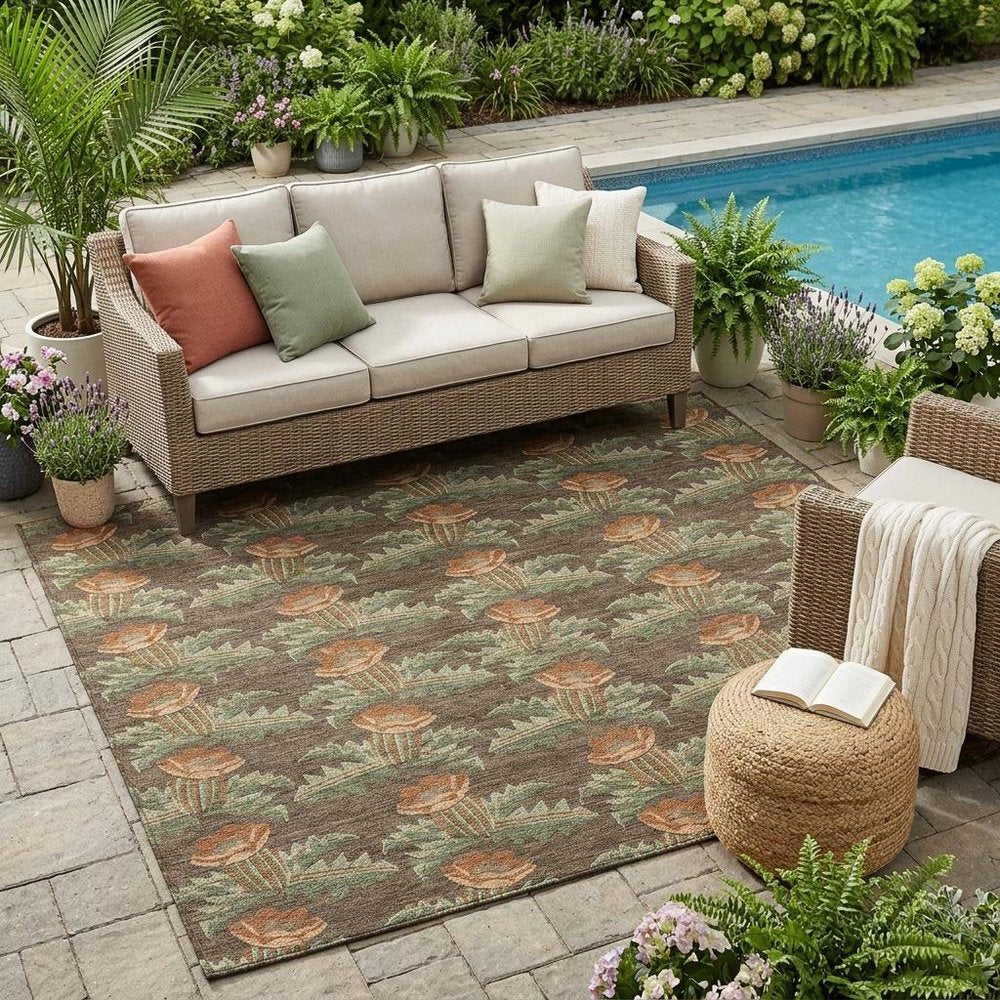 5' X 8' Chocolate And Graphite Floral Washable Indoor Outdoor Area Rug — view 7