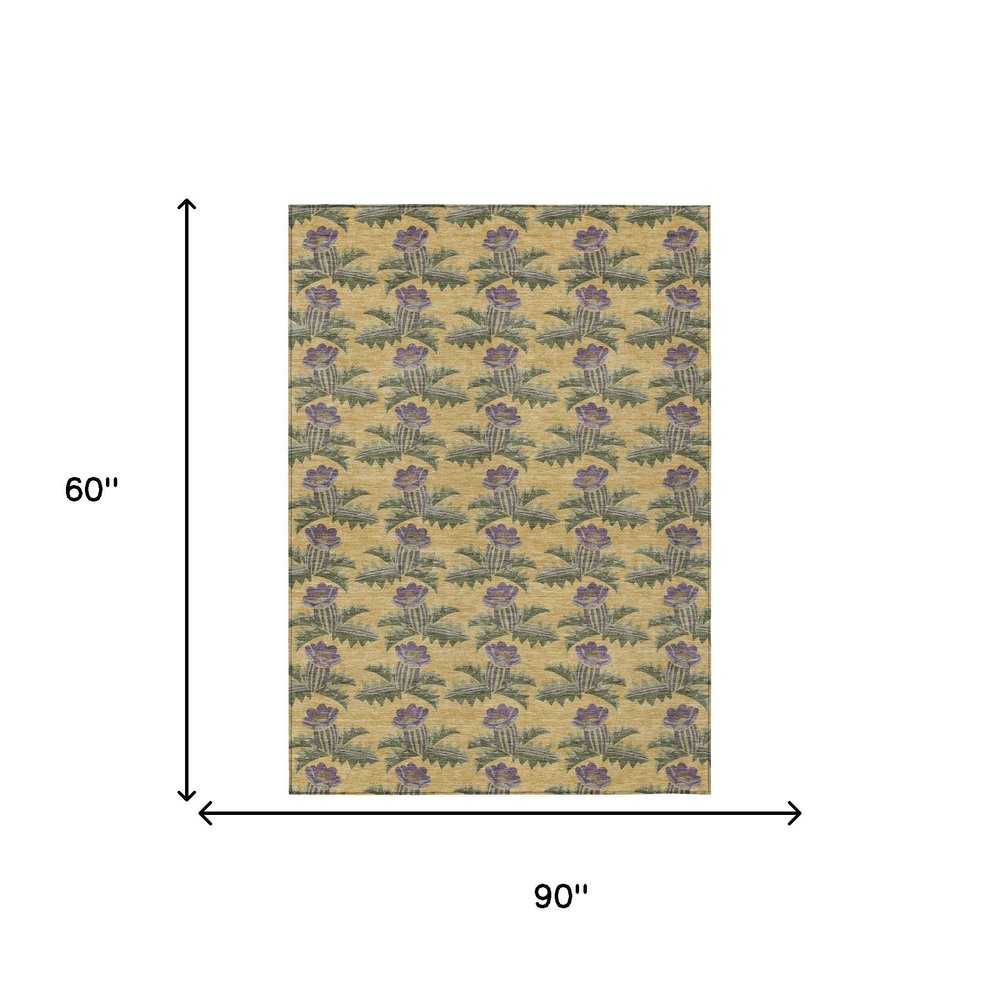 5' X 8' Gold And Khaki Floral Washable Indoor Outdoor Area Rug HomeRoots