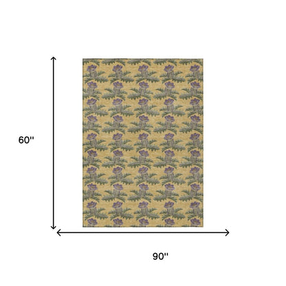 5' X 8' Gold And Khaki Floral Washable Indoor Outdoor Area Rug HomeRoots