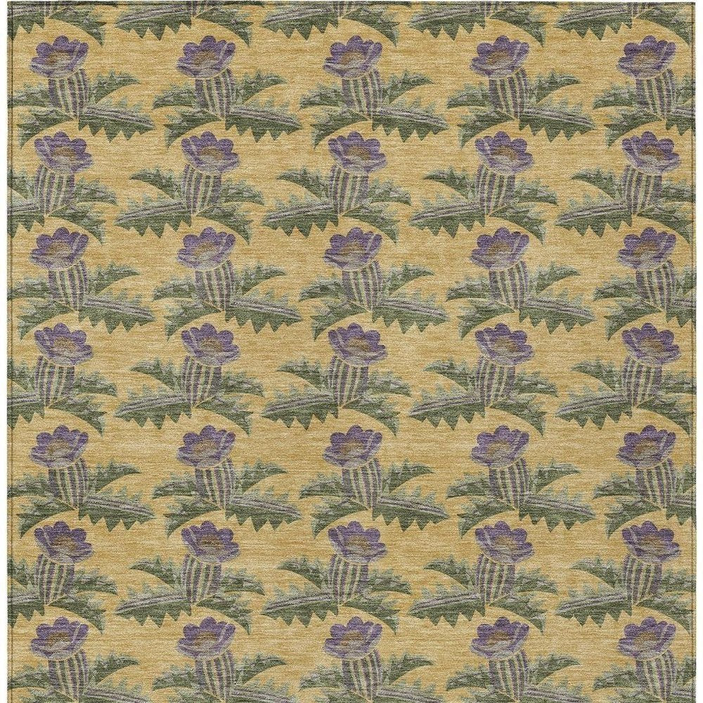 5' X 8' Gold And Khaki Floral Washable Indoor Outdoor Area Rug — view 8