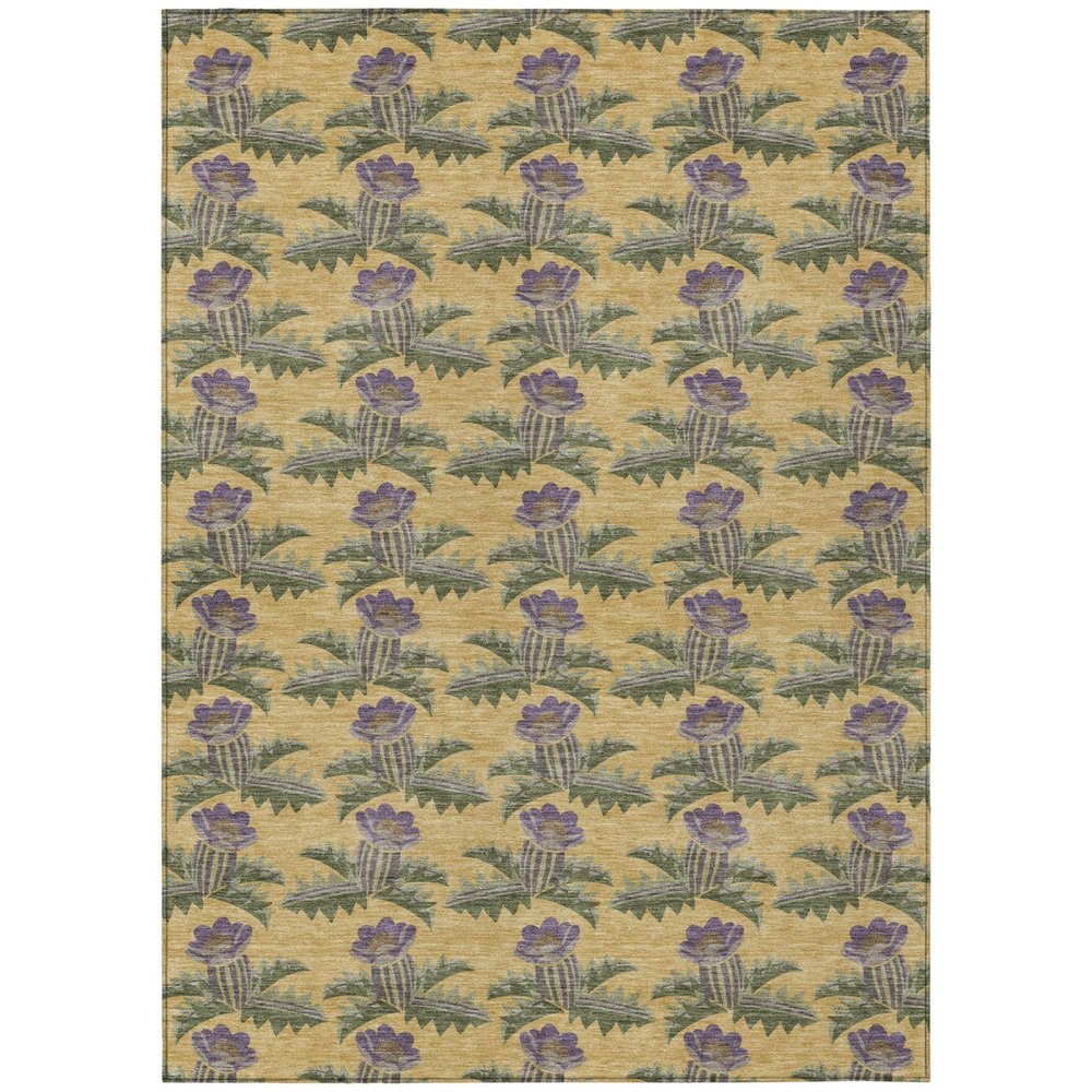 5' X 8' Gold And Khaki Floral Washable Indoor Outdoor Area Rug — view 1