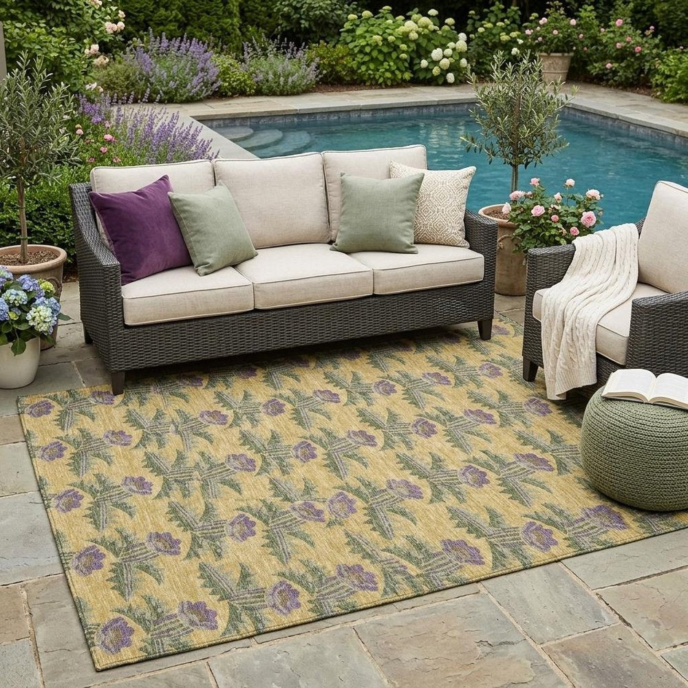 5' X 8' Gold And Khaki Floral Washable Indoor Outdoor Area Rug HomeRoots