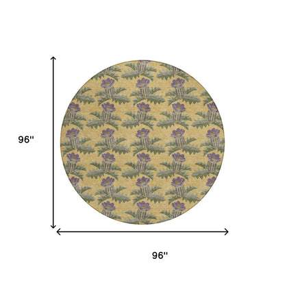 8' Gold And Khaki Round Floral Washable Indoor Outdoor Area Rug HomeRoots