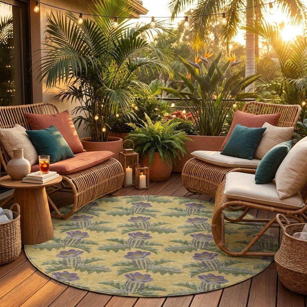 8' Gold And Khaki Round Floral Washable Indoor Outdoor Area Rug HomeRoots