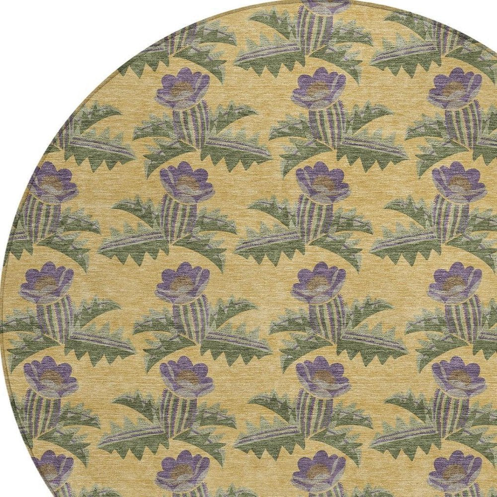 8' Gold And Khaki Round Floral Washable Indoor Outdoor Area Rug HomeRoots