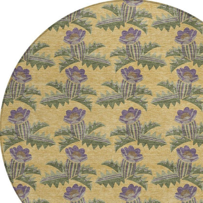 8' Gold And Khaki Round Floral Washable Indoor Outdoor Area Rug HomeRoots