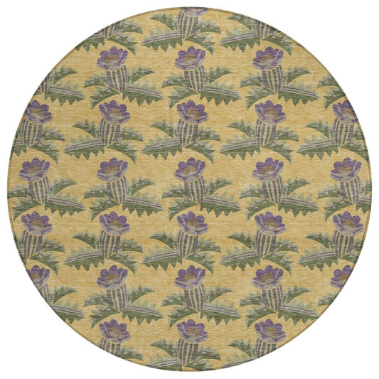 8' Gold And Khaki Round Floral Washable Indoor Outdoor Area Rug