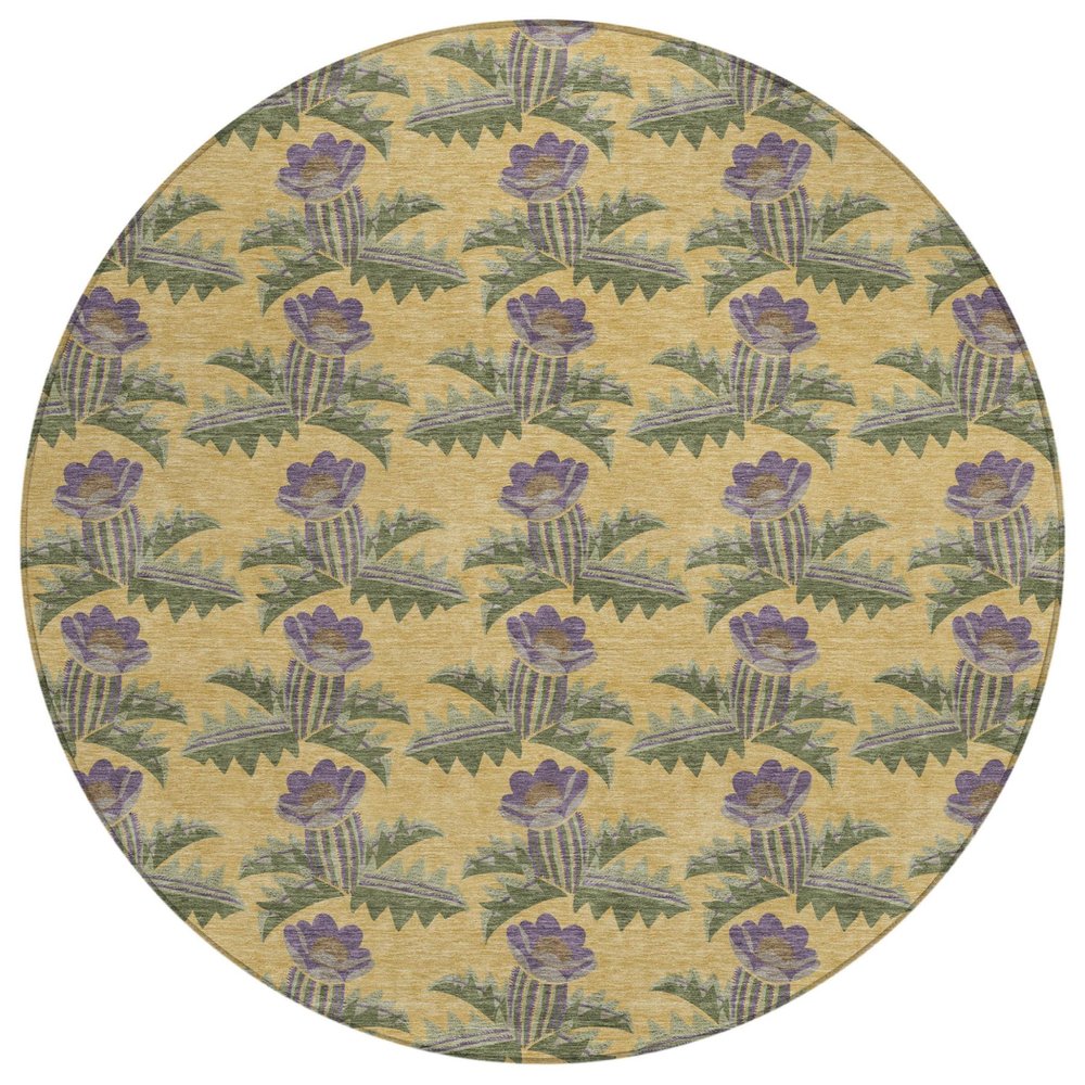 8' Gold And Khaki Round Floral Washable Indoor Outdoor Area Rug — view 1