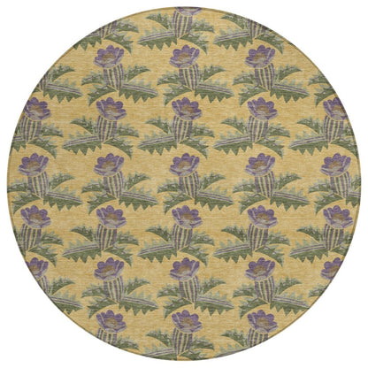 8' Gold And Khaki Round Floral Washable Indoor Outdoor Area Rug HomeRoots