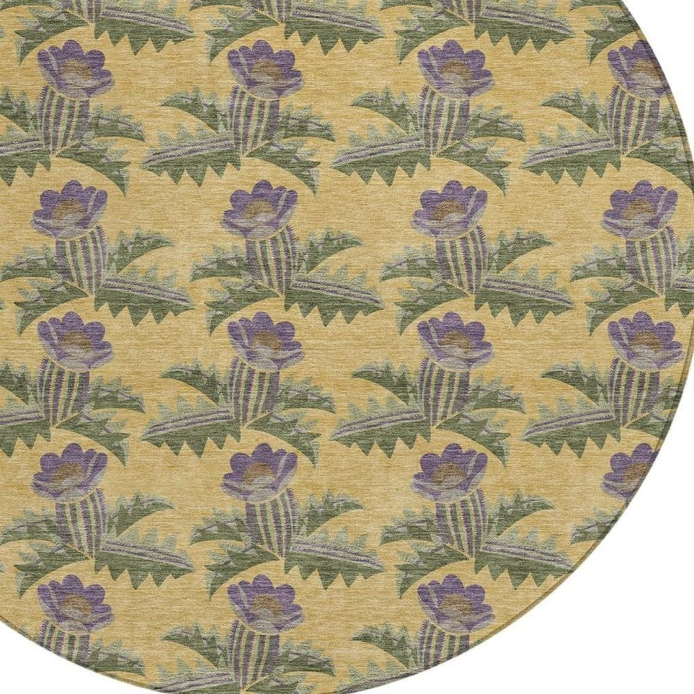 8' Gold And Khaki Round Floral Washable Indoor Outdoor Area Rug HomeRoots