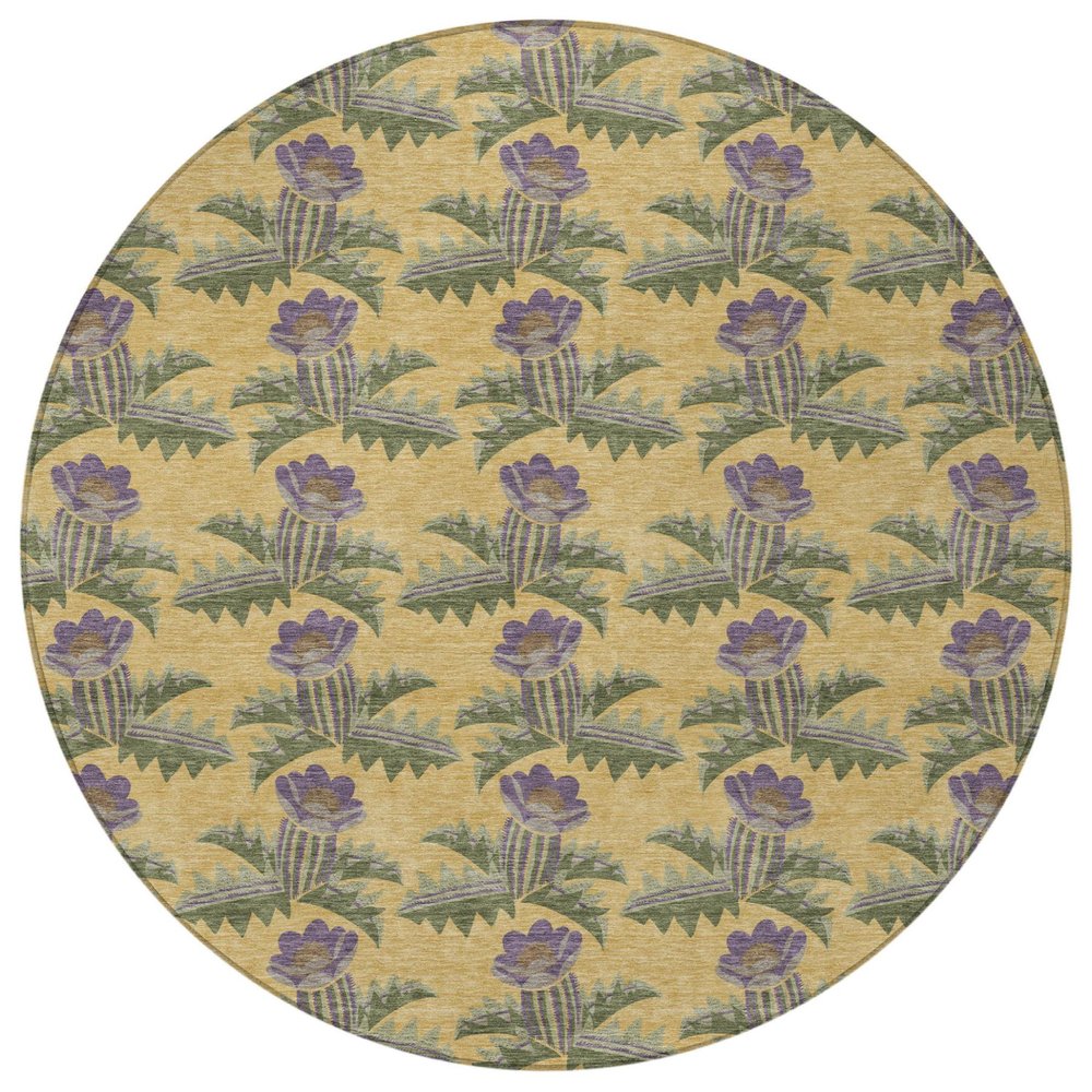 8' Gold And Khaki Round Floral Washable Indoor Outdoor Area Rug HomeRoots
