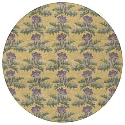 8' Gold And Khaki Round Floral Washable Indoor Outdoor Area Rug HomeRoots