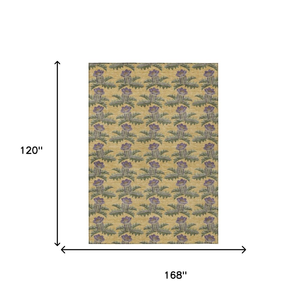 10' X 14' Gold And Khaki Floral Washable Indoor Outdoor Area Rug — view 6
