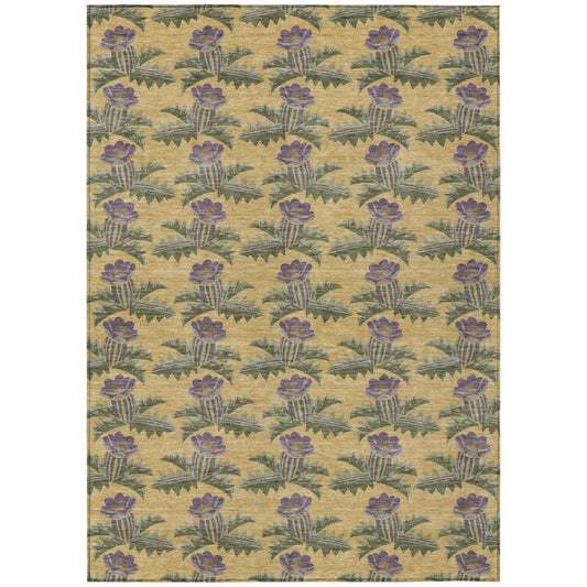 10' X 14' Gold And Khaki Floral Washable Indoor Outdoor Area Rug