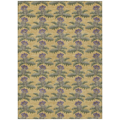 10' X 14' Gold And Khaki Floral Washable Indoor Outdoor Area Rug
