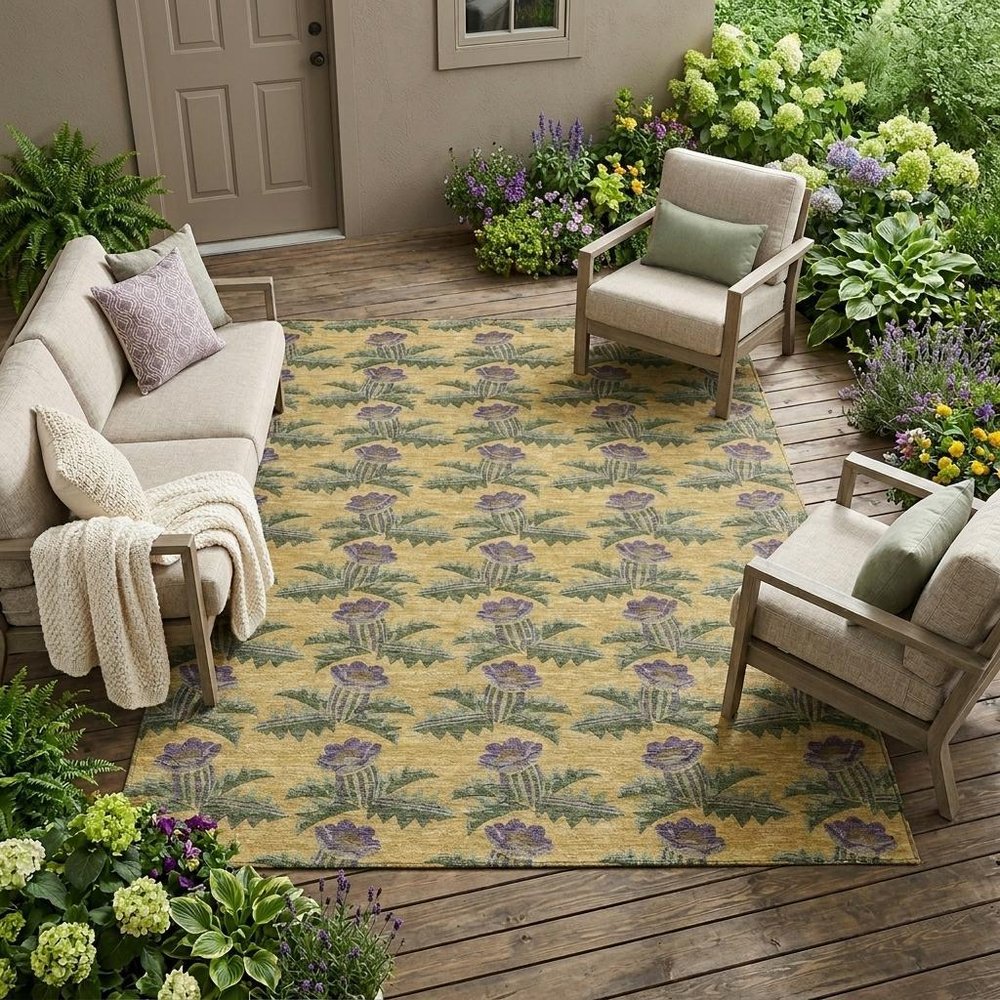 10' X 14' Gold And Khaki Floral Washable Indoor Outdoor Area Rug — view 7