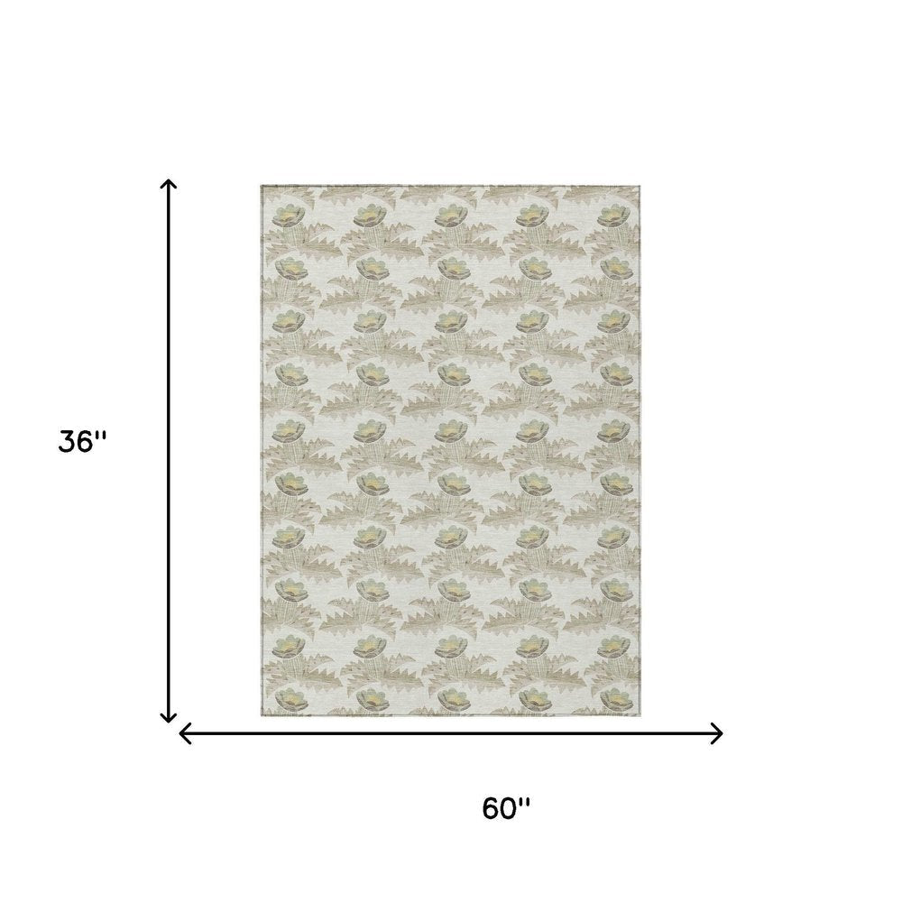 3' X 5' Ivory And Brown Floral Washable Indoor Outdoor Area Rug — view 6