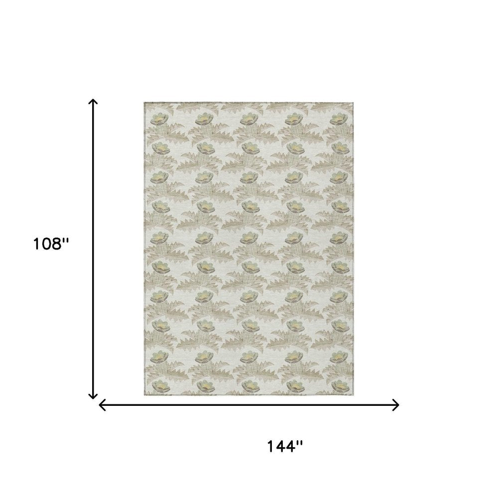 9' X 12' Ivory And Brown Floral Washable Indoor Outdoor Area Rug HomeRoots