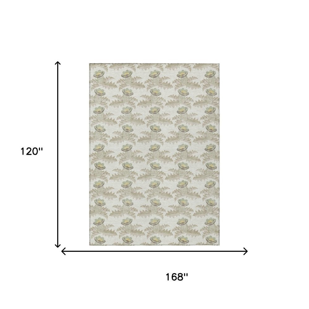 10' X 14' Ivory And Brown Floral Washable Indoor Outdoor Area Rug — view 6