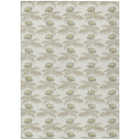 10' X 14' Ivory And Brown Floral Washable Indoor Outdoor Area Rug