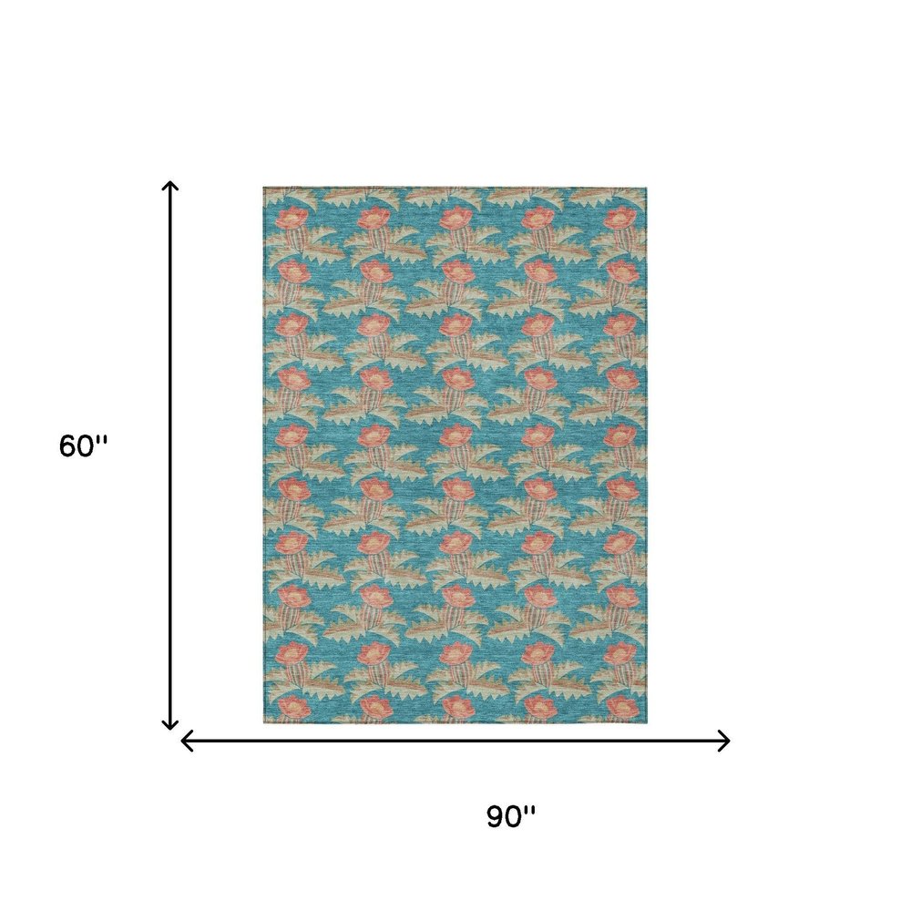 5' X 8' Turquoise And Brown Floral Washable Indoor Outdoor Area Rug — view 15