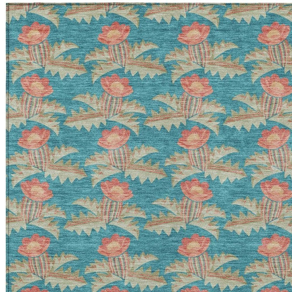 5' X 8' Turquoise And Brown Floral Washable Indoor Outdoor Area Rug — view 9