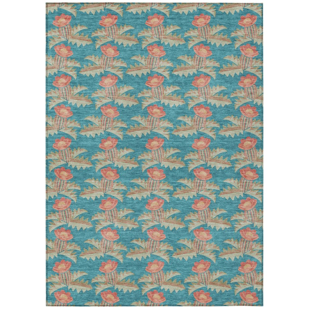 5' X 8' Turquoise And Brown Floral Washable Indoor Outdoor Area Rug — view 2