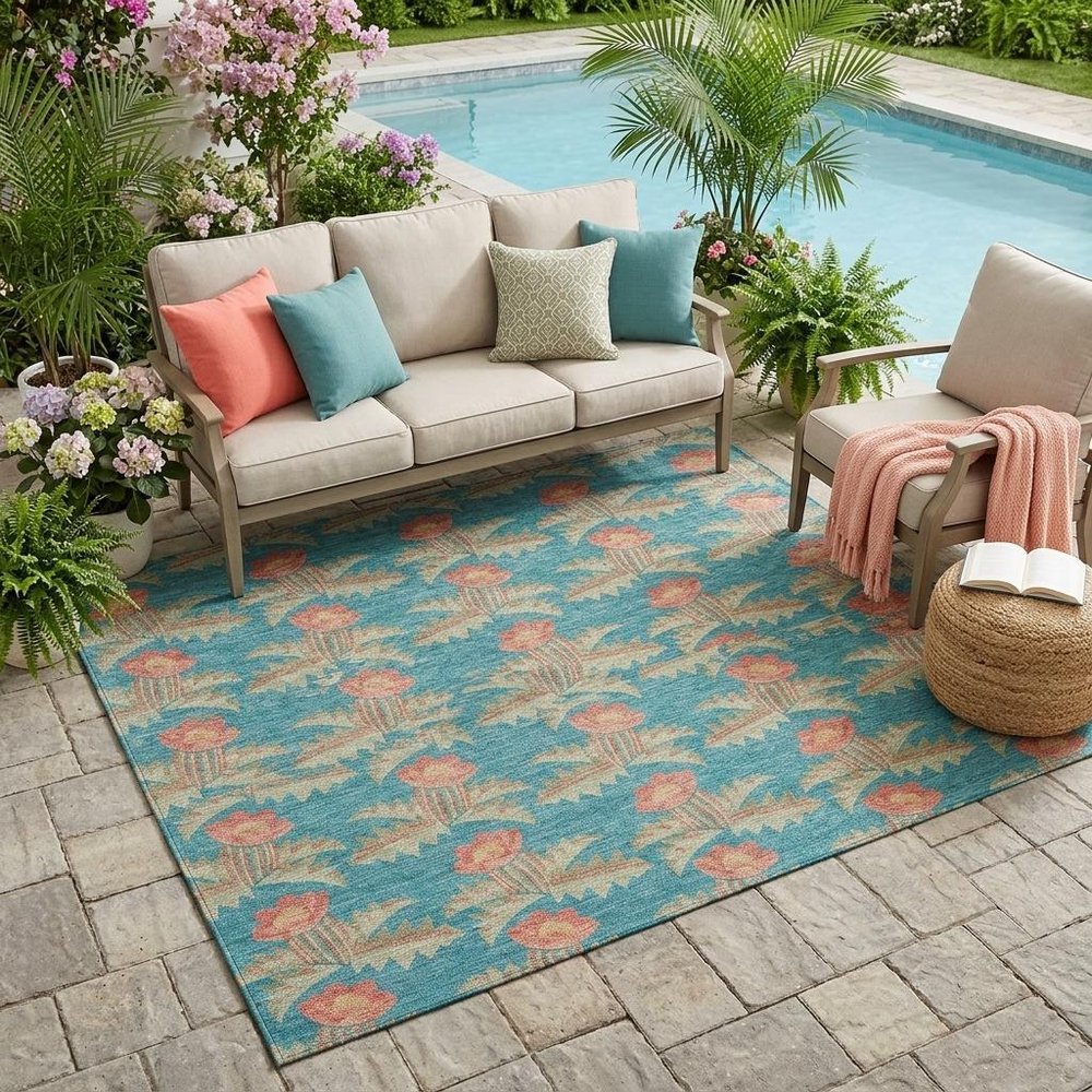 5' X 8' Turquoise And Brown Floral Washable Indoor Outdoor Area Rug HomeRoots
