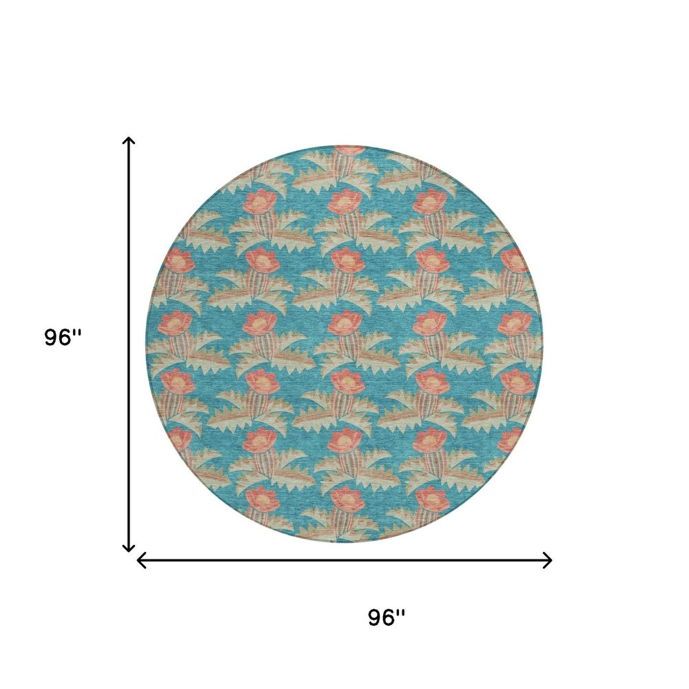 8' Turquoise And Brown Round Floral Washable Indoor Outdoor Area Rug HomeRoots