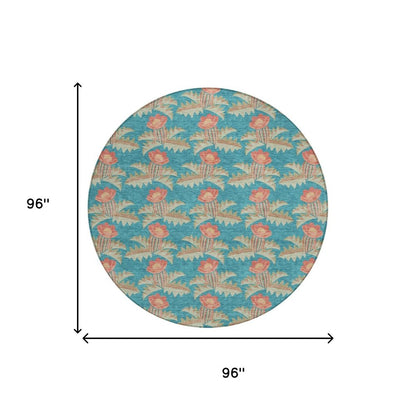 8' Turquoise And Brown Round Floral Washable Indoor Outdoor Area Rug HomeRoots