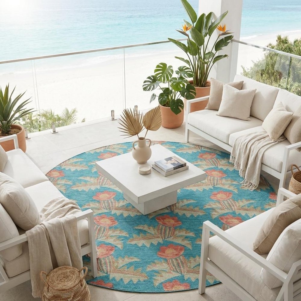 8' Turquoise And Brown Round Floral Washable Indoor Outdoor Area Rug — view 7