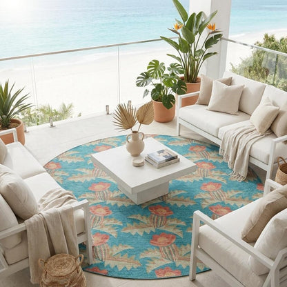 8' Turquoise And Brown Round Floral Washable Indoor Outdoor Area Rug HomeRoots