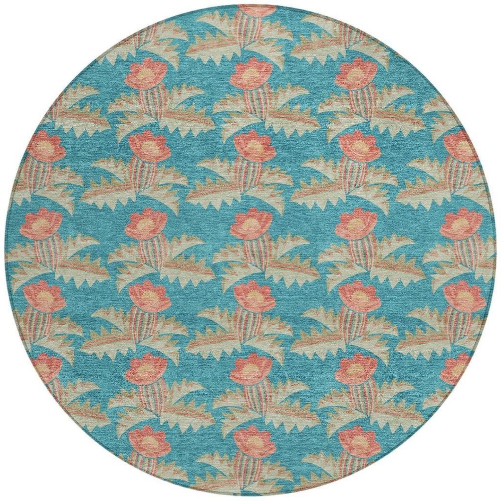 8' Turquoise And Brown Round Floral Washable Indoor Outdoor Area Rug HomeRoots