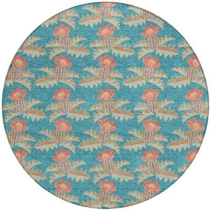 8' Turquoise And Brown Round Floral Washable Indoor Outdoor Area Rug HomeRoots
