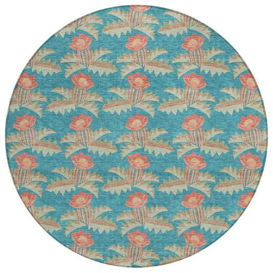 8' Turquoise And Brown Round Floral Washable Indoor Outdoor Area Rug