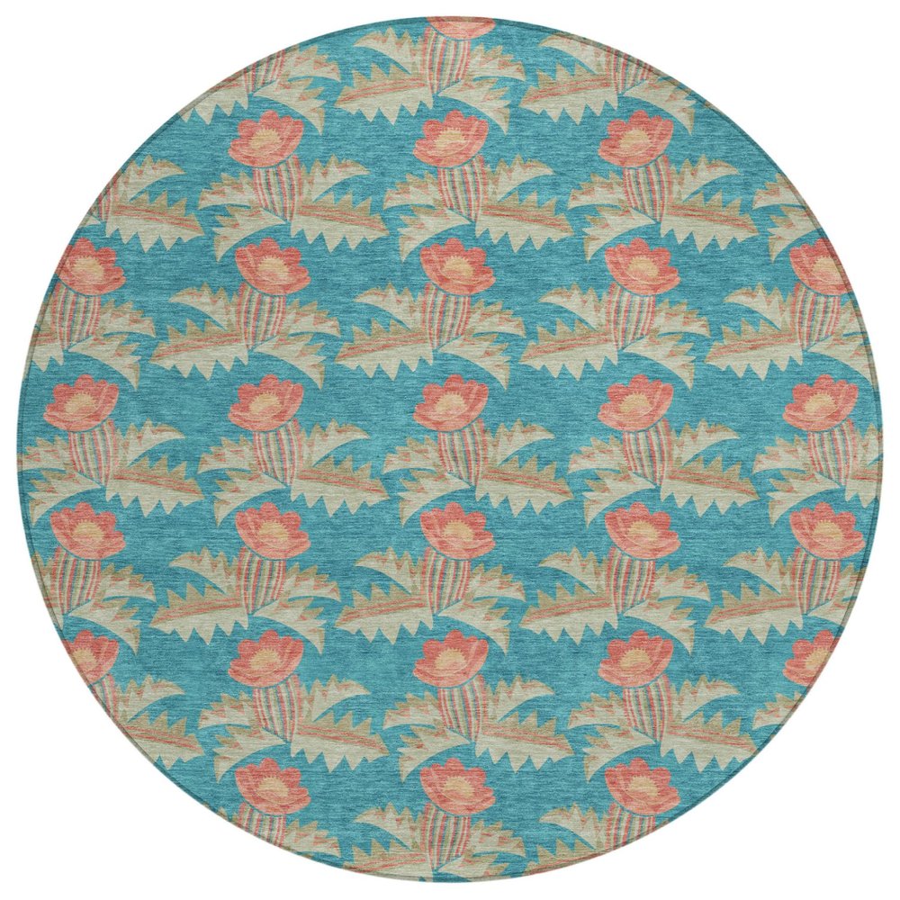8' Turquoise And Brown Round Floral Washable Indoor Outdoor Area Rug HomeRoots