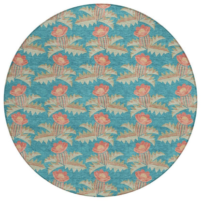 8' Turquoise And Brown Round Floral Washable Indoor Outdoor Area Rug HomeRoots