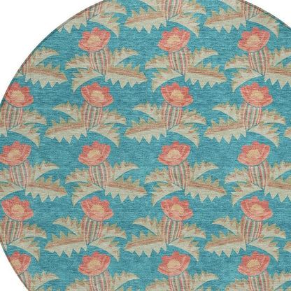 8' Turquoise And Brown Round Floral Washable Indoor Outdoor Area Rug HomeRoots