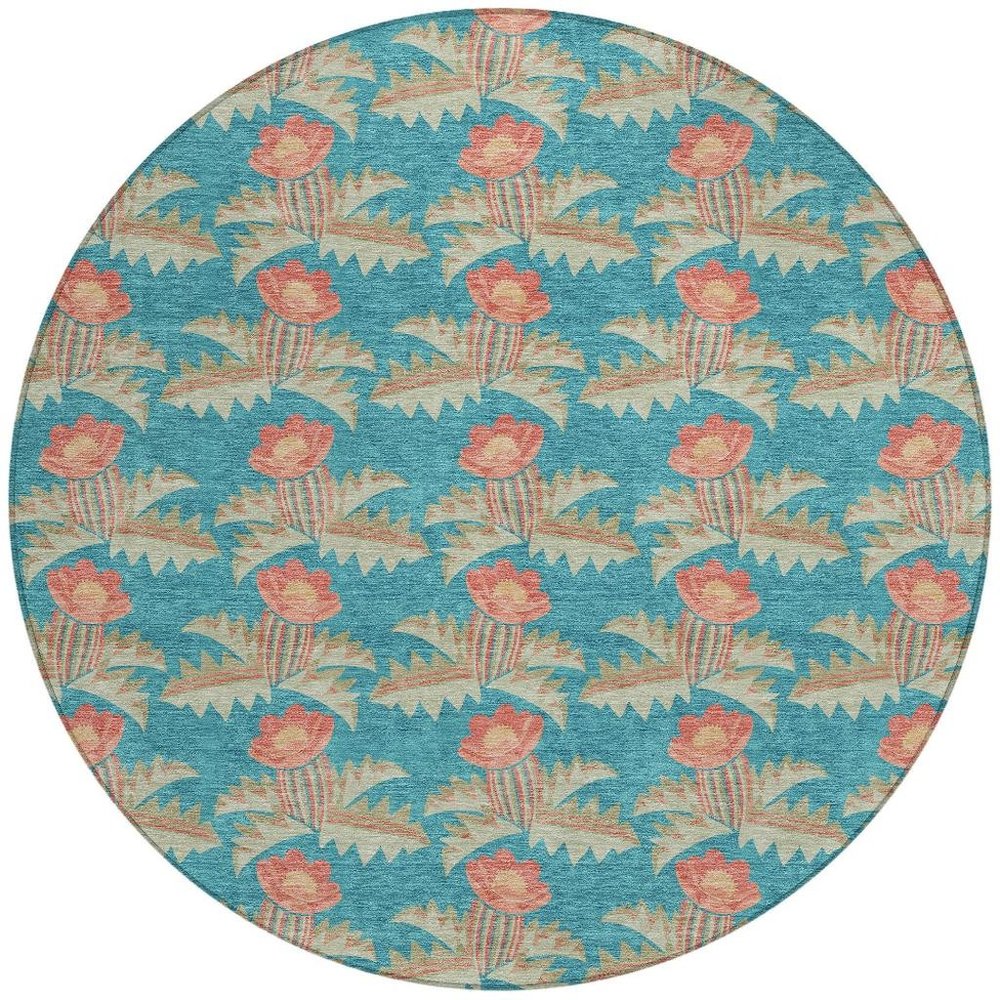 8' Turquoise And Brown Round Floral Washable Indoor Outdoor Area Rug HomeRoots