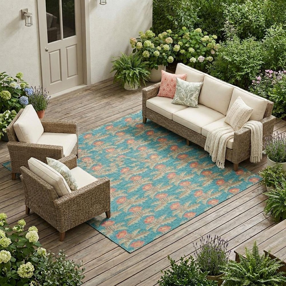 8' X 10' Turquoise And Brown Floral Washable Indoor Outdoor Area Rug