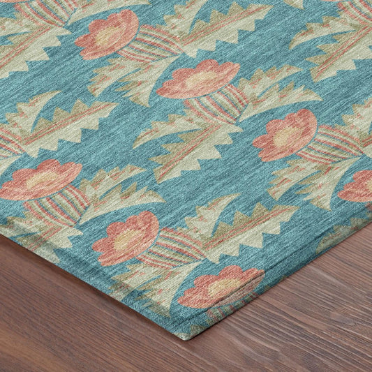 9' X 12' Turquoise And Brown Floral Washable Indoor Outdoor Area Rug