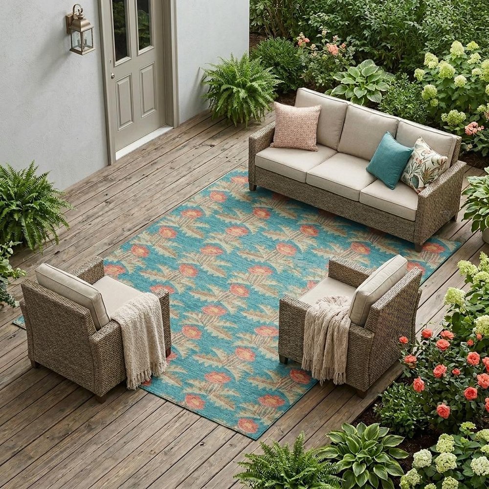 9' X 12' Turquoise And Brown Floral Washable Indoor Outdoor Area Rug — view 7