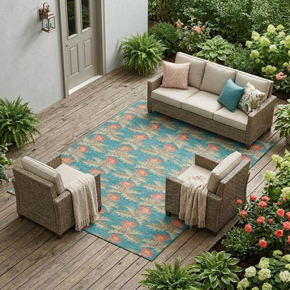 9' X 12' Turquoise And Brown Floral Washable Indoor Outdoor Area Rug HomeRoots