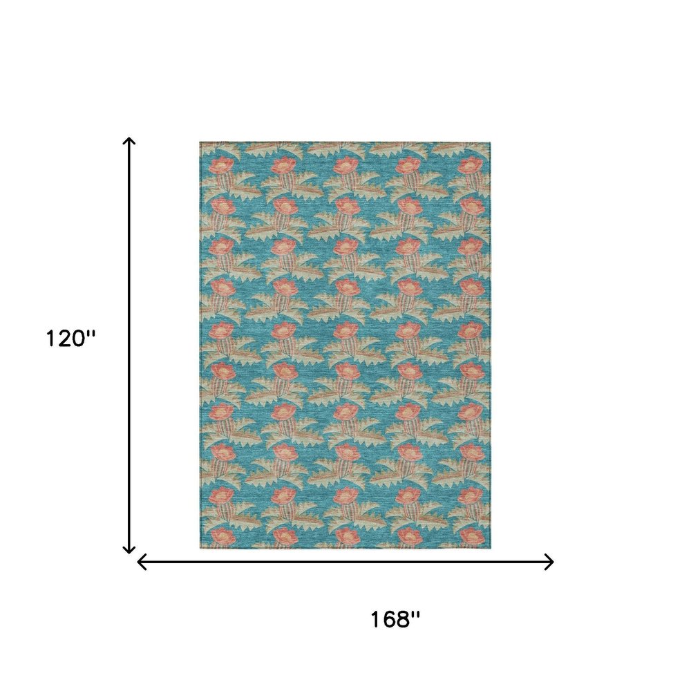 10' X 14' Turquoise And Brown Floral Washable Indoor Outdoor Area Rug — view 6