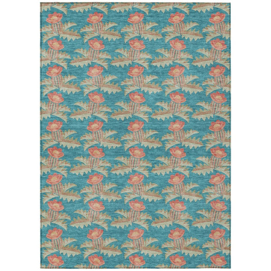 10' X 14' Turquoise And Brown Floral Washable Indoor Outdoor Area Rug