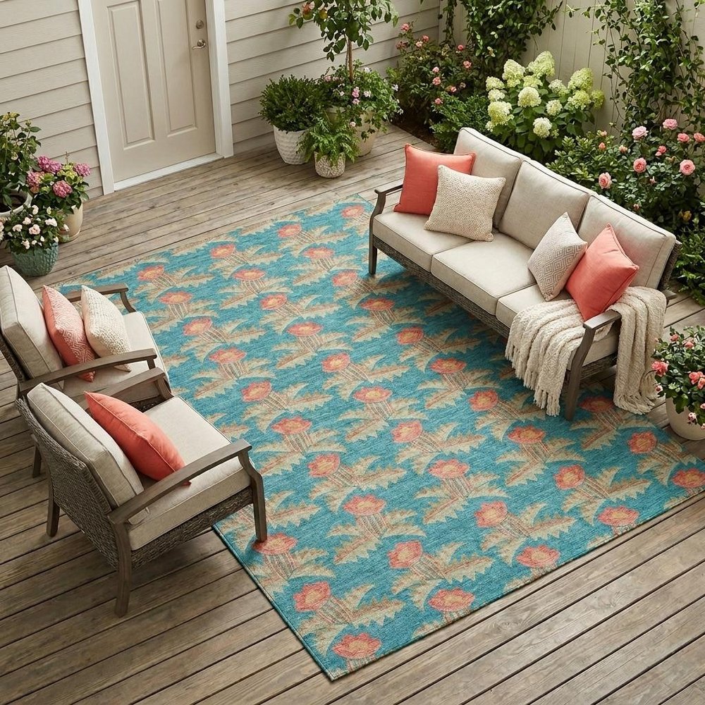 10' X 14' Turquoise And Brown Floral Washable Indoor Outdoor Area Rug — view 7