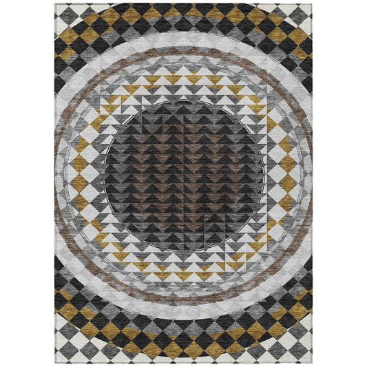 5' X 8' Black And Linen Geometric Washable Indoor Outdoor Area Rug
