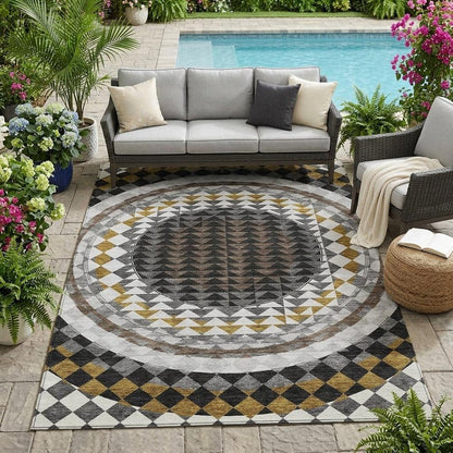 5' X 8' Black And Linen Geometric Washable Indoor Outdoor Area Rug