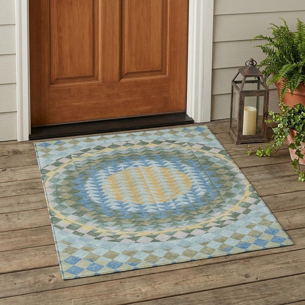 3' X 5' Blue And Silver Geometric Washable Indoor Outdoor Area Rug
