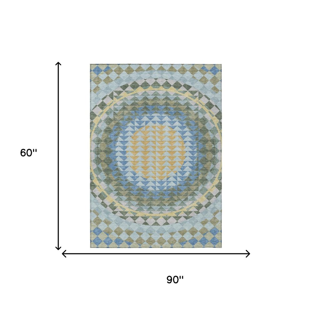 5' X 8' Blue And Silver Geometric Washable Indoor Outdoor Area Rug — view 6